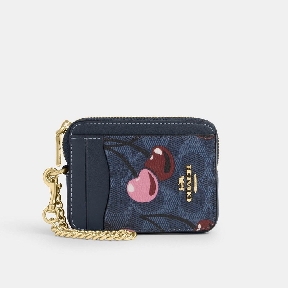 Coach Denim Blue Cherry Print Zip Wallet